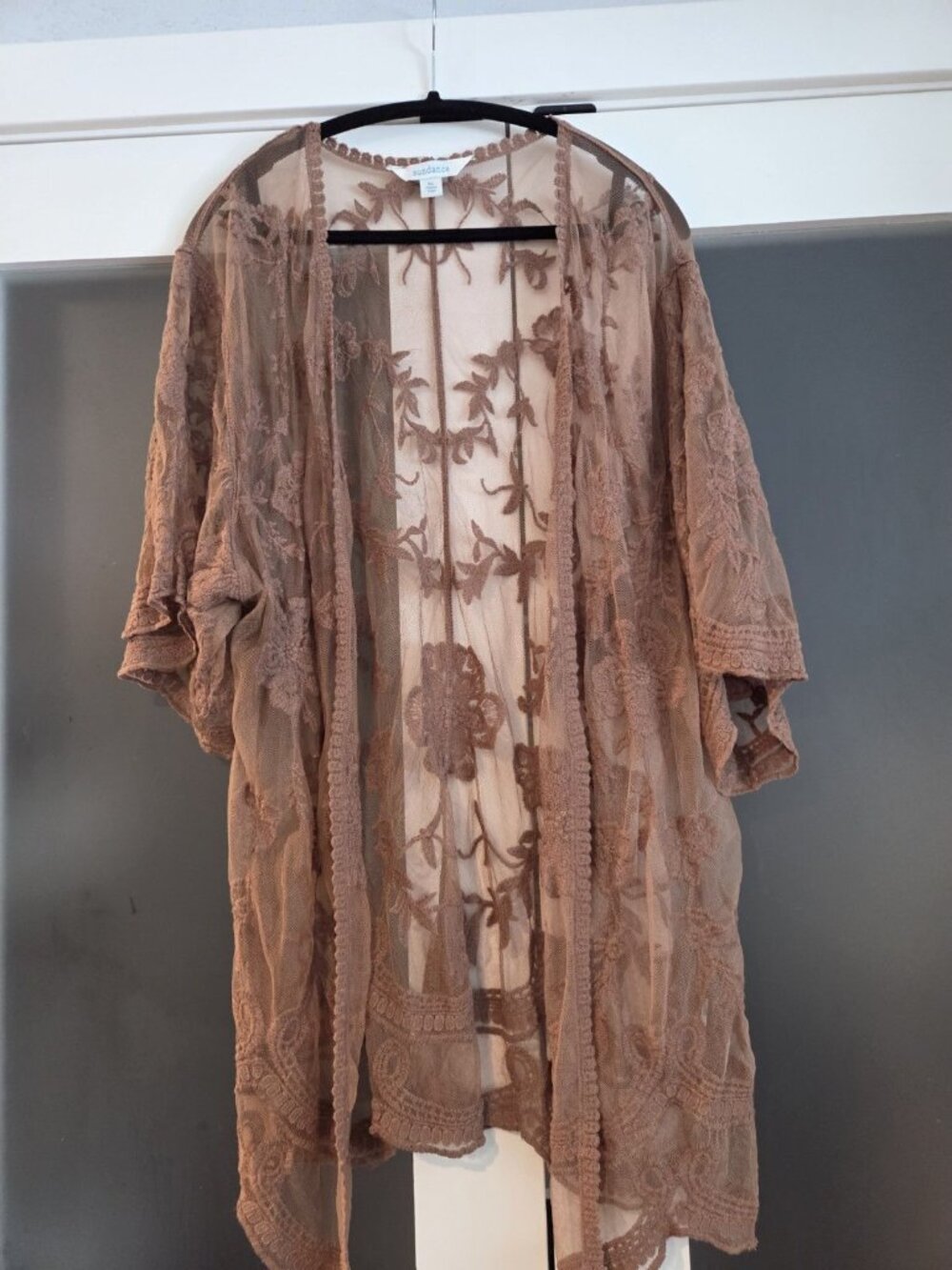 Sundance XL Lace Kimono Cardigan Boho Mesh Embroidered Beach Cover Up Brown